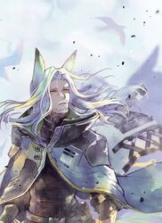  1boy arknights beard cloak facial_hair feather_hair grey_hair hair_wings hellagur_(arknights) long_hair looking_up male_focus moustache old parted_bangs parted_lips ren-co signature solo upper_body yellow_eyes 