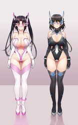  2girls absurdres bare_shoulders black_bodysuit black_gloves black_hair black_legwear bodysuit boots breasts commission detached_sleeves elbow_gloves full_body gloves headgear high_school_dxd highres infinite_stratos large_breasts long_hair looking_at_viewer multiple_girls navel ninai no_bra no_panties orange_eyes orimura_chifuyu red_eyes revealing_clothes second-party_source serafall_leviathan short_hair smile thighhighs twintails white_bodysuit white_gloves white_thighhighs 