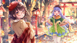  2girls :d autumn_leaves beret blurry blurry_background blush book brown_headwear brown_scarf brown_sweater capelet collared_shirt commentary_request day depth_of_field dress glasses green_capelet green_dress hat hugging_object leaf long_hair looking_at_viewer looking_back low_twintails mahjong_soul maple_leaf multiple_girls nemuri_nemu ninomiya_hana open_mouth outdoors pantyhose parted_lips plaid purple_eyes purple_hair red-framed_eyewear red_headwear scarf shawl shirt smile sweater takanashi_hinata torii tree twintails very_long_hair white_legwear white_shirt 