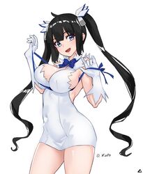  arm_ribbon black_hair blue_eyes blue_ribbon breasts cleavage cleavage_cutout clothing_cutout covered_navel dress dungeon_ni_deai_wo_motomeru_no_wa_machigatteiru_darou_ka female gloves hair_ribbon hestia_(danmachi) highres large_breasts long_hair oliver_koito pencil_dress rei_no_himo ribbon short_dress sleeveless sleeveless_dress solo twintails white_dress white_gloves 