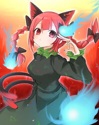  absurdres animal_ears black_bow bow braid cat_ears cat_tail closed_mouth commentary cowboy_shot dress extra_ears female gradient_background green_dress hairbow highres hitodama kaenbyou_rin long_hair long_sleeves looking_at_viewer multiple_tails nekomata outer_glow red_background red_eyes red_hair shiki_karin side_braids solo standing tail touhou twin_braids two_tails 