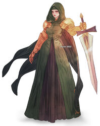  breasts brown_eyes cloak commentary commission english_commentary female final_fantasy final_fantasy_tactics full_body gauntlets gloves headband holding holding_sword holding_weapon hood lips meliadoul_tengille simple_background small_breasts solo sword vhyrel weapon web_address white_background 