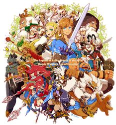  6+boys 6+girls absurdres anniversary bad_id bad_twitter_id beard blonde_hair champion&#039;s_tunic_(zelda) commentary_request crown daruk dual_persona everyone facial_hair gerudo goron hestu highres hyrule_warriors:_age_of_calamity impa instrument jewelry kass kohga korok link maracas master_sword mipha monster_boy monster_girl multiple_boys multiple_girls neck_ring paya_(zelda) pointy_ears polearm princess_zelda purah red_hair revali rhoam_bosphoramus_hyrule riju rito robbie_(zelda) saiba_(henrietta) sash seal_(animal) sheikah sidon smile sooga sword teba_(zelda) terrako the_legend_of_zelda the_legend_of_zelda:_breath_of_the_wild trident tusks urbosa weapon white_hair yiga_clan yunobo zora 