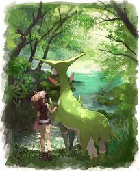  baseball_cap black_shirt blue_shorts brown_hair day female forest from_behind full_body hat highres hilda_(pokemon) long_hair nature outdoors pokemon pokemon_(creature) pokemon_bw ponytail river shirt short_shorts shorts sleeveless sleeveless_shirt standing tree virizion white_headwear wristband yukin_(es) 