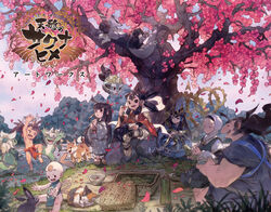  4boys 4girls animal ashigumo basket black_eyes black_hair blue_kimono bowl brown_hair canine cherry_blossoms closed_eyes commentary_request feline food furry furry_male gears hair_rings hair_tubes headpiece highres japanese_clothes kaimaru kappa kimono kinta_(tensui_no_sakuna-hime) kokorowa-hime komainu long_hair mizura multiple_boys multiple_girls murayama_ryota myrthe nori_(seaweed) official_art onigiri open_mouth outdoors petals picnic ponytail rabbit red_kimono rice sakuna-hime sandals short_eyebrows sitting smile tama-jii tauemon tensui_no_sakuna-hime tokkuri topless_male traditional_dress tree wading waraji water yui_(tensui_no_sakuna-hime) 