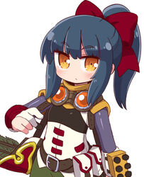  arrow_(projectile) belt belt_buckle black_belt black_hair blush bow brown_eyes buckle closed_mouth commentary female gloves goggles goggles_around_neck green_pants hairbow high_ponytail highres long_hair long_sleeves naga_u pants partially_fingerless_gloves ponytail quiver red_bow sekaiju_no_meikyuu sekaiju_no_meikyuu_4 shirt sidelocks simple_background sniper_(sekaiju) sniper_2_(sekaiju) solo white_background white_gloves white_shirt 