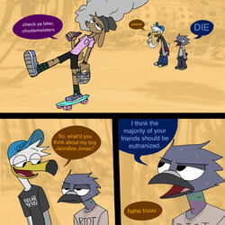  1:1 3_panel_comic anthro avian baseball_cap beak beanie bird bottomwear brown_body brown_fur clothing columbid denim denim_bottomwear denim_clothing dialogue dialogue_box drugs ears_down english_text feathers fur gilligan_gull grey_body grey_feathers group gull half-closed_eyes happyroadkill hat headgear headwear humor jeans lagomorph lari larid leporid male male/male mammal marijuana narrowed_eyes open_mouth open_smile pants parker_pigeon pigeon pivoted_ears pot_leaf rabbit shirt skateboard smile smoking t-shirt text topwear trash_birds trio vape_pen vehicle white_body white_feathers 