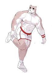  2021 abs anthro biceps bottomwear canid canine clothing footwear fur hi_res kemono male mammal muscular muscular_anthro muscular_male nipples pecs shoes shorts solo syukapong wristband 