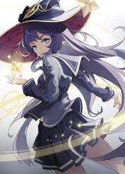  absurdres asymmetrical_bangs blue_eyes earrings female genshin_impact hair_down hat hat_ornament highres jewelry long_hair long_sleeves looking_at_viewer looking_back mcoco7 mona_(genshin_impact) pleated_skirt sailor_collar school_uniform serafuku skirt smile solo star_(symbol) star_earrings star_hat_ornament witch_hat 