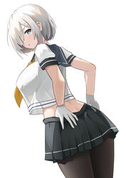  absurdres black_pantyhose black_skirt blue_eyes blush breasts female from_behind gloves hai_binggan hair_ornament hairclip hamakaze_(kancolle) highres kantai_collection large_breasts looking_at_viewer looking_back pantyhose parted_lips pleated_skirt shirt short_hair short_sleeves simple_background skirt solo thighs white_background white_gloves white_hair white_shirt 