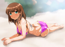  anime_coloring ass bikini blurry breasts brown_hair cleavage commentary_request depth_of_field female green_eyes halterneck looking_at_viewer lying medium_breasts monteriakitto on_stomach original pink_bikini short_hair solo string_bikini sweater swimsuit 