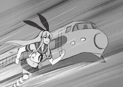  8_man_(series) clenched_hand derivative_work elbow_gloves feet_out_of_frame female gloves greyscale hair_ornament hairband kantai_collection long_hair midriff monochrome motion_lines parody running sailor_collar screenshot_redraw seo_tatsuya shimakaze_(kancolle) shinkansen sidelocks skirt solo striped_clothes striped_thighhighs thighhighs train 