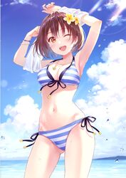  ;d armpits arms_up ass_visible_through_thighs bare_shoulders bikini blue_bikini blue_sky blush bracelet breasts brown_eyes brown_hair cleavage cloud cloudy_sky cowboy_shot day female flower front-tie_bikini_top front-tie_top fukahire_(ruinon) hair_flower hair_ornament halterneck highres jewelry large_breasts looking_at_viewer navel necklace ocean one_eye_closed open_mouth original outdoors scan shirt short_hair side-tie_bikini_bottom sky smile solo sorai_mahiru_(fukahire) standing stomach striped_bikini striped_clothes sunlight swimsuit t-shirt thighs undressing water wet white_shirt yellow_flower 