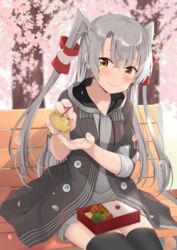  amatsukaze_(kancolle) bench bento black_thighhighs brown_eyes cherry_blossoms chopsticks coat cowboy_shot drawstring dress feeding female food grey_coat grey_dress grey_hair hair_tubes highres hood hooded_dress hoodie kantai_collection long_hair looking_at_viewer official_alternate_costume omelet outdoors sitting smile solo tamagoyaki thighhighs tree two_side_up yoshikita_popuri 