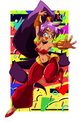  1990s_(style) araizumi_rui_(style) big_hair breasts cleavage commentary dark-skinned_female dark_skin female gimp_(medium) gold_hairband hairband hand_up harem_pants highres long_hair looking_to_the_side navel open_hands open_mouth pants pointy_ears ponytail potiri02 purple_hair retro_artstyle shantae shantae_(series) solo 