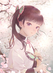  antweiyi brown_hair butterfly_hair_ornament cherry_blossoms commentary_request day demon_slayer_uniform female hair_ornament holding kimetsu_no_yaiba long_hair long_sleeves looking_at_viewer neck_ribbon outdoors parted_lips purple_eyes red_ribbon ribbon side_ponytail solo tsuyuri_kanao upper_body 