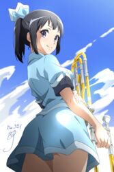  band_uniform black_hair blue_eyes blue_ribbon blue_shirt blue_skirt blue_sky blush closed_mouth cloud collared_shirt female hair_ribbon hibike!_euphonium highres holding holding_instrument instrument long_hair looking_at_viewer looking_back nii_manabu outdoors ponytail ribbon rikka_koukou_marching_band_e_youkoso sasaki_azusa shirt short_sleeves skirt sky smile solo standing trombone uniform 