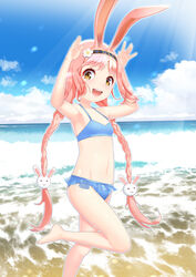  :d absurdres animal_ears armpits arms_up barefoot beach bikini blue_bikini braid breasts brown_eyes cloud day female flower foot_out_of_frame frills from_side hair_flower hair_ornament hairband hanba_rou highres light_blush long_hair looking_at_viewer looking_to_the_side mimi_(princess_connect!) navel ocean open_mouth outdoors pink_hair princess_connect! rabbit_ears rabbit_hair_ornament rabbit_pose shallow_water sky small_breasts smile solo standing standing_on_one_leg swimsuit twin_braids twintails very_long_hair water white_flower 