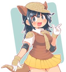  :d armadillo_ears armadillo_tail blue_background blue_eyes blue_hair blush breasts brown_hat brown_vest commentary_request contrapposto cowboy_shot dutch_angle extra_ears female giant_armadillo_(kemono_friends) gloves hand_up hat highres index_finger_raised ini_(inunabe00) kemono_friends long_hair looking_at_viewer medium_breasts necktie open_mouth outline pleated_skirt shirt short_sleeves simple_background skirt smile solo standing vest white_background white_gloves white_outline white_shirt yellow_skirt 