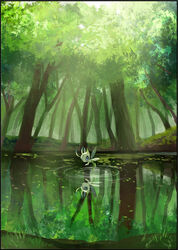  blue_eyes celebi day forest highres lake looking_at_viewer nature no_humans outdoors pokemon pokemon_(creature) pokemon_gsc reflection reflective_water scenery tree yukin_(es) 