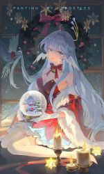  aqua_eyes bare_shoulders bell bird blue_hair breasts candlestand christmas detached_collar dress earrings female fur-trimmed_shawl fur_trim gloves head_wings highres holding_snow_globe honkai:_star_rail honkai_(series) jewelry long_hair looking_at_viewer medium_breasts neck_bell neck_ribbon red_dress red_ribbon red_shawl ribbon robin_(honkai:_star_rail) shawl shuang_wu sitting sleeveless sleeveless_dress snow_globe snowflakes solo thighhighs very_long_hair wariza white_gloves white_thighhighs white_wings wings wreath 