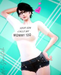  1girls 3d bayonetta bayonetta_(character) bayonetta_2 beauty_mark black_hair female female_only fully_clothed glasses honey_select illusion_soft milf misterscratch mommy_kink mother short_hair shorts solo studio_neo t-shirt 