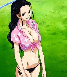  big_breasts bikini bikini_bottom black_hair blue_eyes breasts cleavage curvy_body curvy_female curvy_figure curvy_hips female female_focus female_only hourglass_figure inner_sideboob long_hair nico_robin one_piece purple_shirt string_bikini string_panties tied_shirt white_skin woman 