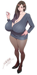  1girls 2021 artist_name artist_signature bangs black_footwear black_high_heels blank_background blush breasts brown_eyes brown_hair brown_legwear brown_pantyhose bursting_breasts busty cleavage collarbone contrapposto curvy dress ear enormous_breasts eye_contact facing_viewer female female_focus fingernails full_body gigantic_breasts hair_behind_ear hair_over_shoulder hand_on_hip hi_res high_heels high_resolution highres huge_breasts jewelry lips lipstick long_hair looking_at_viewer makeup mascara massive_breasts matching_hair/eyes matching_hair_and_eye_color matching_hair_and_eyes mature mature_female mature_woman microdress microskirt milf minidress miniskirt necklace office_lady older_female original original_character overflowing_breasts pantyhose parted_bangs parted_lips plain_background puckered_lips raised_eyebrows red_lips ring shiny shiny_hair shiny_skin signature simple_background skin_tight skirt solo standing straight_hair striped striped_dress tatsunami_youtoku thick_thighs thighs tight tight_dress top_heavy voluptuous white_background white_stripes wide_hips year 