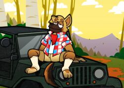  absurd_res anthro bottomwear canid canine canis clothing domestic_dog felestrist forest german_shepherd herding_dog hi_res jeep kerchief looking_at_sky male male/male mammal pastoral_dog plant ryan_(dokapi) shirt shorts sitting_on_car solo spread_legs spreading sunset t-shirt tired tired_eyes topwear tree 