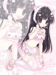  2000s_(style) absurdres animal_ear_legwear animal_ears artist_name baby_bottle black_eyes black_hair blush blush_stickers bottle breasts cat_ears character_charm character_print charm_(object) cleavage clothing_request commission female food-themed_hair_ornament food_print frills hair_ornament highres long_hair looking_at_viewer maid_headdress medium_breasts my_melody my_melody_(series) narutomaki_hair_ornament off_shoulder open_mouth original pacifier panties pink_background pink_panties pink_sandals pink_theme polka_dot polka_dot_background projected_inset sandals sanrio selenium single_blush_sticker skindentation solo star_(symbol) strap strawberry_hair_ornament thighhighs underwear 