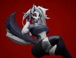  3d_(artwork) anthro bedroom_eyes blender_(artwork) canid canine canis clothing digital_media_(artwork) eyebrow_piercing facial_piercing female fur hair hellaverse helluva_boss hi_res imnotafurry4321 legwear loona_(helluva_boss) mammal multicolored_body multicolored_fur narrowed_eyes piercing red_eyes seductive snout solo tail thigh_highs white_hair wolf 