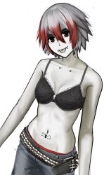  belt bra breasts collarbone_piercing colored_skin dermal_piercing face_piercing female grey_skin highres kokoroker0 lip_piercing looking_at_viewer medium_breasts multicolored_hair navel neck_piercing original piercing red_eyes red_hair short_hair solo stomach_tattoo studded_belt tattoo tongue tongue_out underwear white_hair 