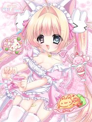  >_< 2000s_(style) absurdres animal-themed_food animal_hair_ornament artist_name bandaid bandaid_on_leg bell blonde_hair blue_eyes blush breasts cherry circle cleavage commentary_request dot_nose dress female food food_request frilled_dress frilled_sleeves frills fruit gem headdress heart heart-shaped_pupils heart_hands heterochromia highres lettuce long_hair looking_at_viewer maid maid_headdress medium_breasts neck_bell omelet omurice open_mouth original panties pantyshot parfait pearl_(gemstone) pink_background pink_dress pink_eyes pink_panties polka_dot polka_dot_background puffy_short_sleeves puffy_sleeves see-through_clothes see-through_thighhighs selenium short_sleeves skindentation solo strawberry strawberry_slice striped_background striped_clothes striped_panties symbol-shaped_pupils thighhighs tomato translation_request two-tone_background underwear vegetable wafer_stick whipped_cream white_background white_panties white_thighhighs 