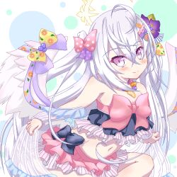  ahoge azusa_(blue_archive) azusa_(swimsuit)_(blue_archive) bare_shoulders bead_bracelet beads bikini bikini_skirt blue_archive blush bow bow_bikini bow_on_wing bracelet closed_mouth commentary_request cowboy_shot crescent_halo crossed_bangs feathered_wings female floating_hair flower frilled_bikini frills hair_between_eyes hair_flower hair_ornament hairbow halo holding huge_bow jewelry long_hair looking_at_viewer low_wings marimo_(artist) midriff navel official_alternate_costume official_alternate_hairstyle pink_bow polka_dot polka_dot_bow purple_bow purple_eyes purple_flower simple_background smile solo split_mouth strapless strapless_bikini swimsuit two_side_up very_long_hair white_background white_hair white_wings wings yellow_halo 