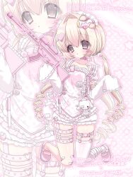  2000s_(style) :o absurdres animal bandaged_leg bandages bandaid bandaid_on_leg blonde_hair blush blush_stickers bone_hair_ornament cake clothed_animal clothing_request commentary commission detached_sleeves dot_nose dress eyeball eyeball_hair_ornament female food food-themed_hair_ornament food_print fruit fruit_print gun hair_bobbles hair_ornament headdress heart heart_hair_ornament highres holding holding_gun holding_weapon icing long_hair long_sleeves maid_headdress meat_hair_ornament original pink_background pink_eyes pink_sleeves pink_theme polka_dot polka_dot_background puffy_short_sleeves puffy_sleeves rabbit selenium short_sleeves single_blush_sticker skindentation star_(symbol) strawberry strawberry_print strawberry_swiss_roll swiss_roll translation_request twintails untranslatable_commentary weapon 