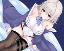  azur_lane backless_leotard bare_shoulders breasts coat collared_leotard covered_navel female leotard looking_at_viewer medium_hair off_shoulder purple_coat sa_(nax49) san_jacinto_(azur_lane) sideboob sitting sleeveless strapless strapless_leotard thighhighs white_leotard 