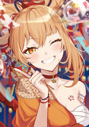  absurdres arm_tattoo blonde_hair blurry blurry_background bracelet breasts bug butterfly choker cleavage collarbone earrings female genshin_impact grin half_updo highres holding index_finger_raised japanese_clothes jewelry kimono long_hair looking_at_viewer medium_breasts miz_(mi) one_eye_closed orange_kimono pendant portrait red_choker sarashi smile solo tattoo yellow_eyes yoimiya_(genshin_impact) 