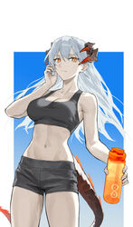  absurdres arknights black_shorts black_sports_bra bottle breasts cleavage collarbone crop_top dragon_girl dragon_horns dragon_tail female grey_hair highres holding holding_bottle horns large_breasts long_hair midriff navel orange_eyes rhine_lab_logo saria_(arknights) short_shorts shorts solo sports_bra standing tail zjm530280188 