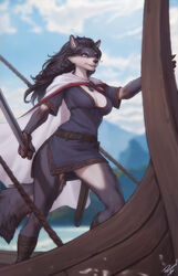  animal_ears animal_hands animal_nose black_fur black_hair black_tunic blue_eyes blue_sky boat body_fur braid breasts cape claws cleavage cloud day einar_(personal_ami) feet_out_of_frame female furry furry_female genderswap_(mtf) highres holding holding_sword holding_weapon large_breasts leg_wrap long_hair original paid_reward_available personal_ami rope rule_63 signature sky snout solo standing sword tail two-tone_fur v-shaped_eyebrows water watercraft weapon white_cape white_fur wolf_ears wolf_girl wolf_tail 