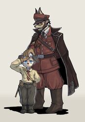  2024 absurd_res alm_lobo anthro britz_strudel canid caninu cape clothing cyberconnect2 duo fuga:_melodies_of_steel gesture gloves hair hand_behind_back hand_on_head handwear hi_res little_tail_bronx looking_at_viewer male mammal military_uniform salute shvein_hax simple_background uniform white_hair 