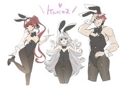  1boy 2girls animal_ears bare_arms bare_shoulders black_bow black_bowtie black_leotard black_pantyhose bow bowtie breasts collar commentary_request covered_navel cross-shaped_pupils detached_collar fake_animal_ears fake_tail fangs grey_eyes grey_hair hand_on_own_head hand_on_own_hip high_heels highres leotard long_hair male_playboy_bunny medium_breasts mismatched_pupils multiple_girls no.21:_feral_scent_(punishing:_gray_raven) no.21_(punishing:_gray_raven) noctis_(punishing:_gray_raven) open_mouth orange_eyes pantyhose paw_pose playboy_bunny ponytail punishing:_gray_raven purple_eyes rabbit_ears rabbit_tail red_eyes red_hair scar scar_on_cheek scar_on_face scar_on_nose short_hair standing standing_on_one_leg straight strapless strapless_leotard symbol-shaped_pupils tail teeth translation_request unkempt upper_teeth_only vera_(punishing:_gray_raven) very_long_hair white_background white_collar wing_collar wrist_cuffs ziyunshanding 