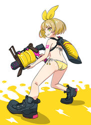  .52_gal_(splatoon) absurdres arm_tattoo ass bikini black_footwear blonde_hair bow bow_hairband bright_pupils butt_crack commentary_request female full_body green_eyes gun hairband hairbow highres holding holding_gun holding_weapon ink_tank_(splatoon) kagamine_rin panties shoes short_hair side-tie_bikini_bottom smile solo splatoon_(series) splatoon_3 sumiyama swimsuit tattoo teeth underwear vocaloid weapon white_background yellow_bow yellow_hairband yellow_panties 