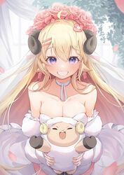  absurdres alternate_costume animal_ears bare_shoulders blonde_hair breasts bride choker cleavage collarbone commentary dress eat_some_cookie female head_wreath highres holding hololive horns large_breasts long_hair looking_at_viewer purple_eyes revision sheep_ears sheep_girl sheep_horns smile tsunomaki_watame virtual_youtuber watamate wedding_dress white_choker 