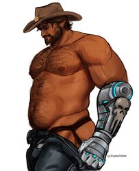  1boy ass ass_peek bara beard belly black_male_underwear brown_hair cassidy_(overwatch) chest_hair clothes_pull cowboy_hat dark_skin facial_hair from_side full_beard hairy hat highres jockstrap large_pectorals male_focus male_underwear mature_male muscular muscular_male navel navel_hair nipples overwatch overwatch_2 pants pants_pull peachydaes2 pectorals plump profile short_hair solo stomach thick_chest_hair thick_eyebrows thick_navel_hair underwear undressing 