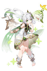  absurdres aranara_(genshin_impact) bare_legs bare_shoulders commentary_request detached_sleeves dress female freeeeeeeeeee full_body genshin_impact green_eyes green_hair hand_up highres long_hair looking_at_viewer multicolored_hair nahida_(genshin_impact) sleeveless sleeveless_dress smile standing white_background white_dress white_hair 