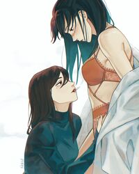  2girls artist_name black_hair blush breasts cigarette clothing_request highres ieiri_shoko iori_utahime jujutsu_kaisen long_hair mole mole_under_eye multiple_girls parted_lips scar scar_on_face smoke smoking tikklil yuri 