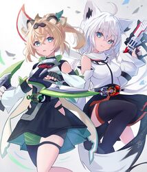  2girls absurdres ahoge alternate_costume animal_ear_fluff animal_ears black_skirt black_thighhighs blonde_hair braid commentary_request earrings fox_ears fox_girl fox_tail green_eyes hair_between_eyes highres holding holding_weapon hololive jewelry kazama_iroha knee_up long_hair looking_at_viewer multiple_girls open_mouth pentagram shirakami_fubuki shirt sidelocks single_braid single_thighhigh skirt smile soma443 tail thigh_strap thighhighs virtual_youtuber weapon white_background white_hair white_shirt 