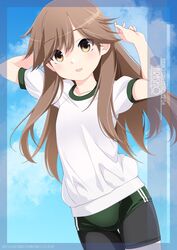  arashio_(kancolle) artist_name bike_shorts bike_shorts_under_buruma blue_sky brown_eyes brown_hair buruma character_name cloud commentary_request cowboy_shot female green_buruma gym_shirt gym_uniform highres inaba_shiki kantai_collection long_hair looking_at_viewer paid_reward_available shirt sky solo t-shirt white_shirt 