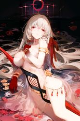  ai-assisted armlet bad_id bad_pixiv_id bare_shoulders body_markings bracelet breasts cleavage colored_skin durga_(fate) earrings fate/grand_order fate_(series) female flower fs_(sdamsd21321) gradient_skin grey_hair hair_ribbon highres jewelry large_breasts long_hair looking_at_viewer lying pelvic_curtain polearm red_eyes red_flower red_skin revealing_clothes ribbon solo spear thighs very_long_hair weapon 