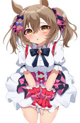  absurdres animal_ears blush bow breasts brown_eyes brown_hair center_frills commentary cowboy_shot dress female frilled_dress frills hair_between_eyes hairbow heart highres horse_ears horse_girl horse_tail kaoru_(h8qm9) looking_at_viewer medium_breasts one_eye_closed open_mouth pink_dress puffy_short_sleeves puffy_sleeves red_bow scrunchie short_sleeves simple_background smart_falcon_(umamusume) smile solo tail teeth thigh_strap twintails umamusume white_background wrist_scrunchie 